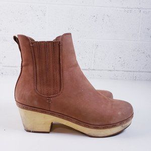 Frye Wooden Platform Clog Ankle Boot Odessa Chelsea Wood Heel Brown  Nubuck